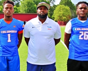 The No. 8 ranked Columbia Eagles behind (l-r) quarterback Elijah Morgan, Coach Greg Barnett and running back Roland Edwin look for third consecutive win as they host the Washington Bulldogs on Thursday night at Avondale Stadium. (Photo by Mark Brock)