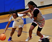 Columbia's Nia Anderson dribbles around a McNair defender in her team's 75-15 win over the Mustangs on Friday night at Columbia. Anderson went on to score 21 points in the contest. (Photo by Mark Brock)