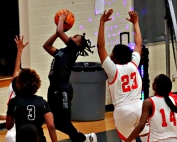 Stephenson's Raven Robertson goes in for a basket inside by Druid Hills' Anissa Brailsford (23) during the Lady Jaguars 68-44 Region 6-4A win at Druid Hills. (Photo by Mark Brock)