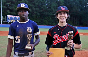 Southwest DeKalb's Montagus Phillips (left) was named the East Juniors MVP and Druid Hills Alex Balsamo (right0 was named the West MVP at the 15th annual DCSD Junior All-Star Baseball Classic won 5-4 by the West. (Photo by Mark Brock)