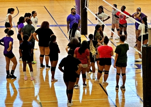 DeKalb volleyball players get instruction on play at the net during the recent DeKalb County/ACE Volleyball Clinic held recently. (Courtesy Photo)
