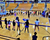 Chamblee head volleyball coach Lorri Reynolds directs a drill during the 2024 DCSD Volleyball Clinic held recently at Miller Grove High School. (Photo by Ozzie Harrell)