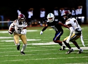 Tucker's Joziah Horne (6) and LeShaun Hudgins (7) shown here against Chamblee both had big plays in Tucker's 41-7 Region 5-4A win over the Lithonia Bulldogs. Horne had a touchdown reception and Hudgins returned a fumble for a touchdown. (Photo by Mark Brock)