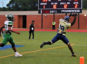 Southwest DeKalb star receiver Sam Turner (shown catching a TD pass against Clarkston) got to be on the other end as he took the backwards pass from Braylon Carter and threw to Ramique Thomas for what turned out to be an 80-yard scoring play in the 70-7 win over North Springs on Friday. (Photo by Mark Brock)