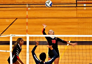 Druid Hills outside hitter Hannah Angel (10) goes up for a shot against Dunwoody earlier this season. Angel and her Druid Hills' teammates fell in the second round of the Class 4A state volleyball playoffs. (Photo by Mark Brock)