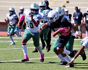 Redan's Demario Hopkins (22) looks for running room as Freedom defenders Jamari Miller (30) and Travis Jenkins (59) give pursuit during Redan's 20-0 playoff win to stay undefeated. (Photo by Mark Brock)