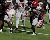 McNair's Anterrion Theodore (0) ran for 129 yards and a touchdown to help lead the McNair Mustangs to a 27-18 win over the Towers Titans on Thursday night. (Photo by Mark Brock)