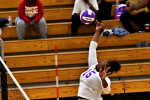 Miller Grove's Kemora McCollum swats a shot back at playoff foe Spencer druing a Class 2A first round 3-0 loss to Spencer on Tuesday. (Photo by Mark Brock)