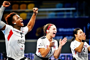 DeKalb Silver Streak Najee Smothers (far left) celebrates with his U.S.A National Wheelchair Handball team that finished with a silver medal at the IHF World Championships in Cairo Egypt in late September. (Courtesy Photo)