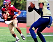 Sophomore quarterbacks Jace German of Tucker (left) and Braylon Carter of Southwest DeKalb (right) lead their teams as the clubs clash in an all-DeKalb Region 5-4A game at Adams Stadium on Friday night. (Photos by Mark Brock)