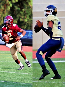 Sophomore quarterbacks Jace German of Tucker (left) and Braylon Carter of Southwest DeKalb (right) lead their teams as the clubs clash in an all-DeKalb Region 5-4A game at Adams Stadium on Friday night. (Photos by Mark Brock)