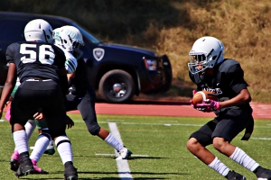 Redan's Demario Hopkins (22) runs behind a block by lineman Reochaus Mills (56). Hopkins had a touchdown run in Redan's 22-6 semifinal win over Chapel Hill last Saturday. (Photo by Mark Brock)