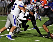 Columbia's Cain Jefferson (9) knocked the football loose from Pierce County running back Dylan Johnson. The loose football was scooped up by Columbia's Charles Harris for a 78-yard fumble return for a touchdown. (Photo by Mark Brock)