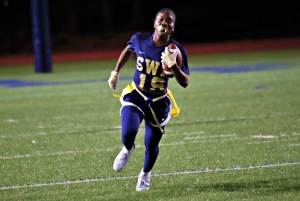 Southwest DeKalb's Camiyah Waller takes off on a long touchdown run against Arabia Mountain in a 25-6 win by the Panthers. (Photo by Mark Brock)