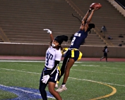 Redan's Anna Williams (2) came up just short of an interception behind Southwest DeKalb receiver Ariyahna Hinds-Perry (3) during the 6-6 tie at Hallford Stadium. (Photo by Mark Brock)