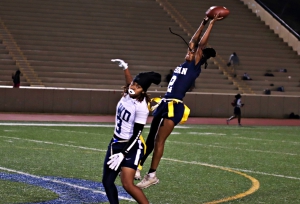 Redan's Anna Williams  (2) came up just short of an interception behind Southwest DeKalb receiver Ariyahna Hinds-Perry (3) during the 6-6 tie at Hallford Stadium. (Photo by Mark Brock)