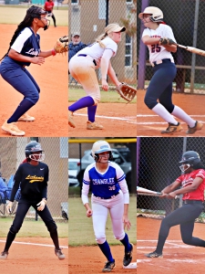 Some action of several of the 2024 DCSD Senior All-Star Softball Classic participants (left to right, clockwise) Makalay Smith (Arabia Mountain), Ellie Lenz (Lakeside), Josie Worley (Dunwoody), (Kortney Williams (M.L. King), Elena Smith (Chamblee) and Jasmine Greene (Lithonia). (Photos by Mark Brock)