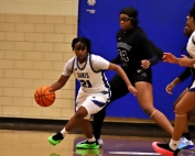 Cedar Grove's Kendedie Blackshear (21) is turned away in front of the basket by Stephenson's Avantey Gilreath (24). Gilreath and her Stephenson teammates picked up a 70-31 Region 5-3A girls' victory at Cedar Grove on Tuesday. (Photo by Mark Brock)