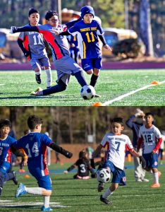 Action from the single elimination tournament for the inaugural DCSD Elementary Soccer County Championships includes Hawthorne vs. Smokerise (top) and Cary Reynolds vs. Briar Vista (bottom). (Photos by Lyle Collins)