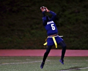 Redan's Pryncess Anderson (5) makes a leaping grab for touchdown in Redan's Sweet 16 27-6 win over Portal. (Photo by Mark Brock)