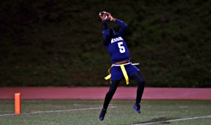 Redan's Pryncess Anderson (5) makes a leaping grab for touchdown in Redan's Sweet 16 27-6 win over Portal. (Photo by Mark Brock)