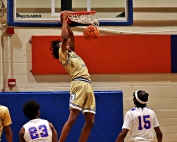 Southwest DeKalb's Aaron Burks (11) flushes the alley-oop pass from Thomas Glanton III in front of Columbia defenders Brandon Bigsby (23) and Xavier Lewis (15). (Photo by Mark Brock)