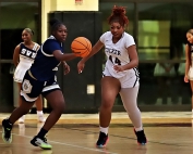 Southwest DeKalb's Mariya Shields makes a steal in front of Tucker's Mya Sales (44) during the Lady Panthers 55-19 Region 5-4A win at Tucker on Friday night. (Photo by Mark Brock)