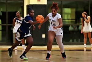 Southwest DeKalb's Mariya Shields makes a steal in front of Tucker's Mya Sales (44) during the Lady Panthers 55-19 Region 5-4A win at Tucker on Friday night. (Photo by Mark Brock)